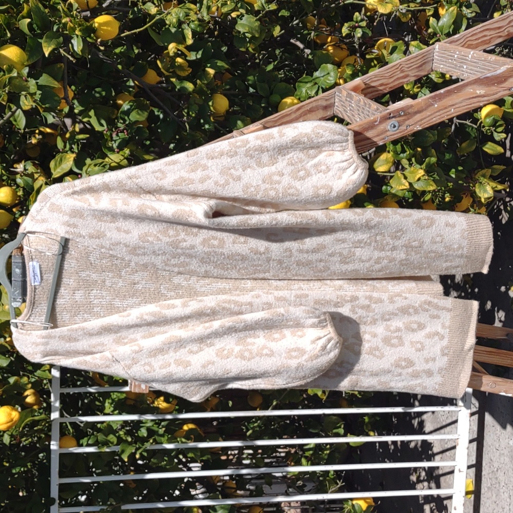 Carly Jean Long Open Cardigan Sweater Easy Animal Print Cream L